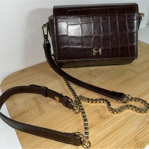 Halston Heritage Crossbody Shoulder Bag Brown Faux Leather Logo'd Gold Hardware‎